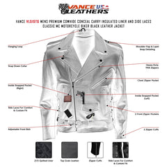 Side laces on Vance Leather jacket for adjustable, comfortable fit during rides.