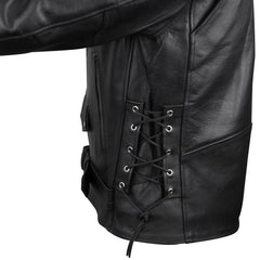 Three zip pockets on Vance Leather jacket keeping essentials secure while riding.