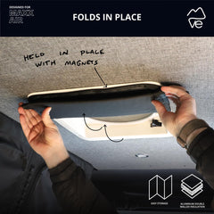 VanEssential magnetic insulated roof vent cover on Fantastic Fan enhances privacy and shade.