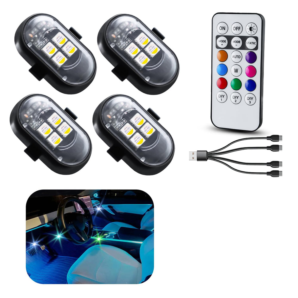VANKUB upgraded 4PCS wireless LED lights for car with remote illuminate the interior.