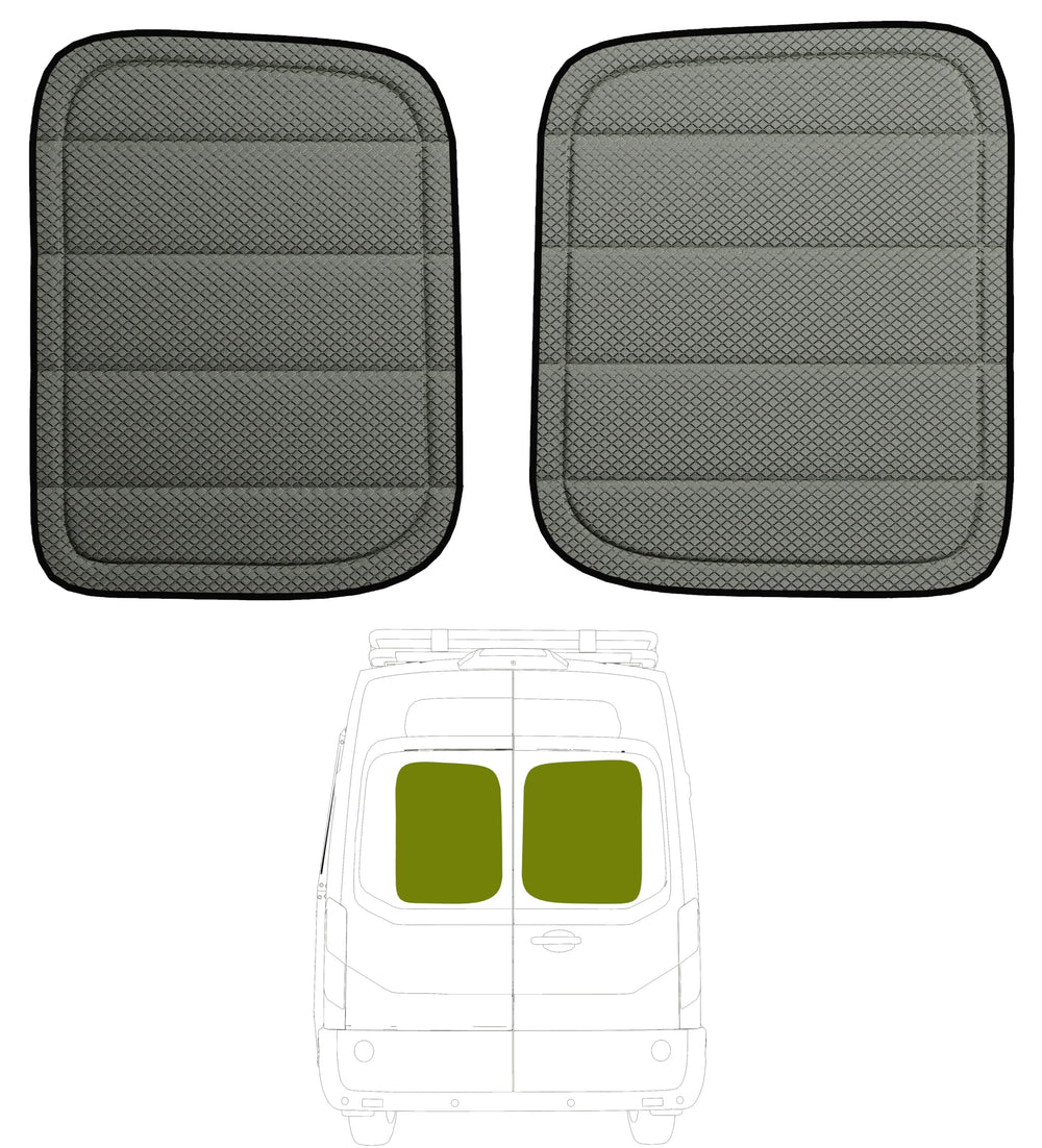 VANNCAMP Extrathick rear door window cover on Ford Transit with magnetic fit for privacy and heat control.