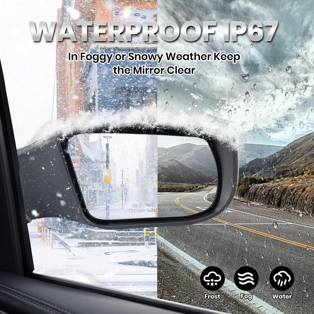 Vanology mirror glass close-up shows clear lens and weather-resistant design for reliable visibility.