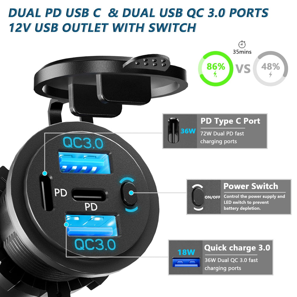 VANONE quad-port fast charging with PD and QC indicators supporting multiple devices