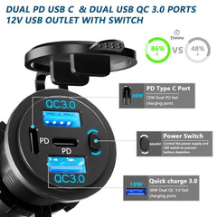 VANONE quad-port fast charging with PD and QC indicators supporting multiple devices