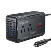 Vansoet 200W car inverter front view powering devices on the road.