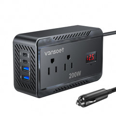 Vansoet 200W car inverter front view powering devices on the road.