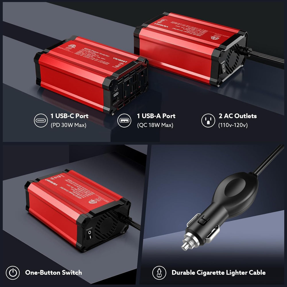 Vansoet 400W car inverter in use charging a laptop on a road trip