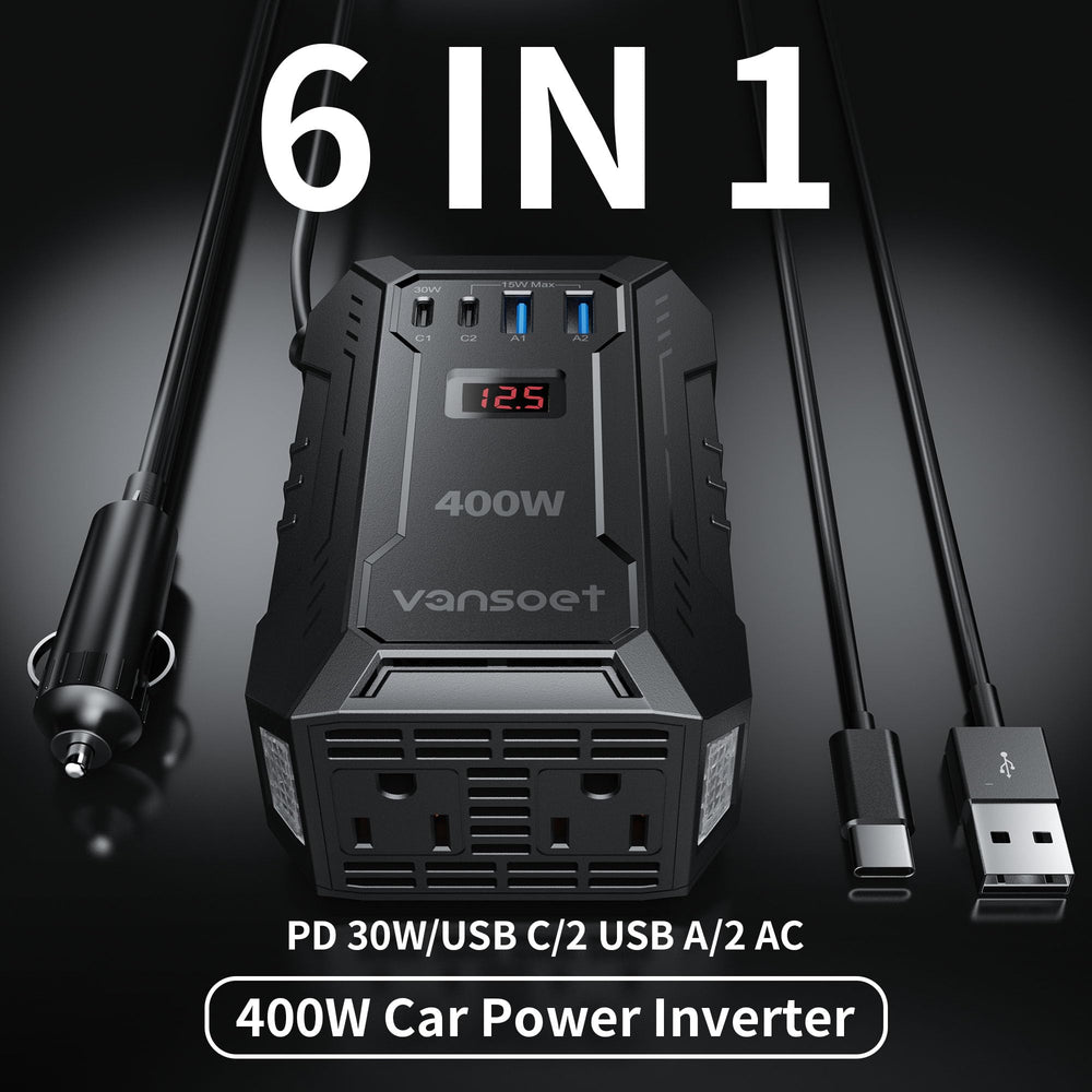 Vansoet inverter ports and outlets highlight dual AC and USB charging options.