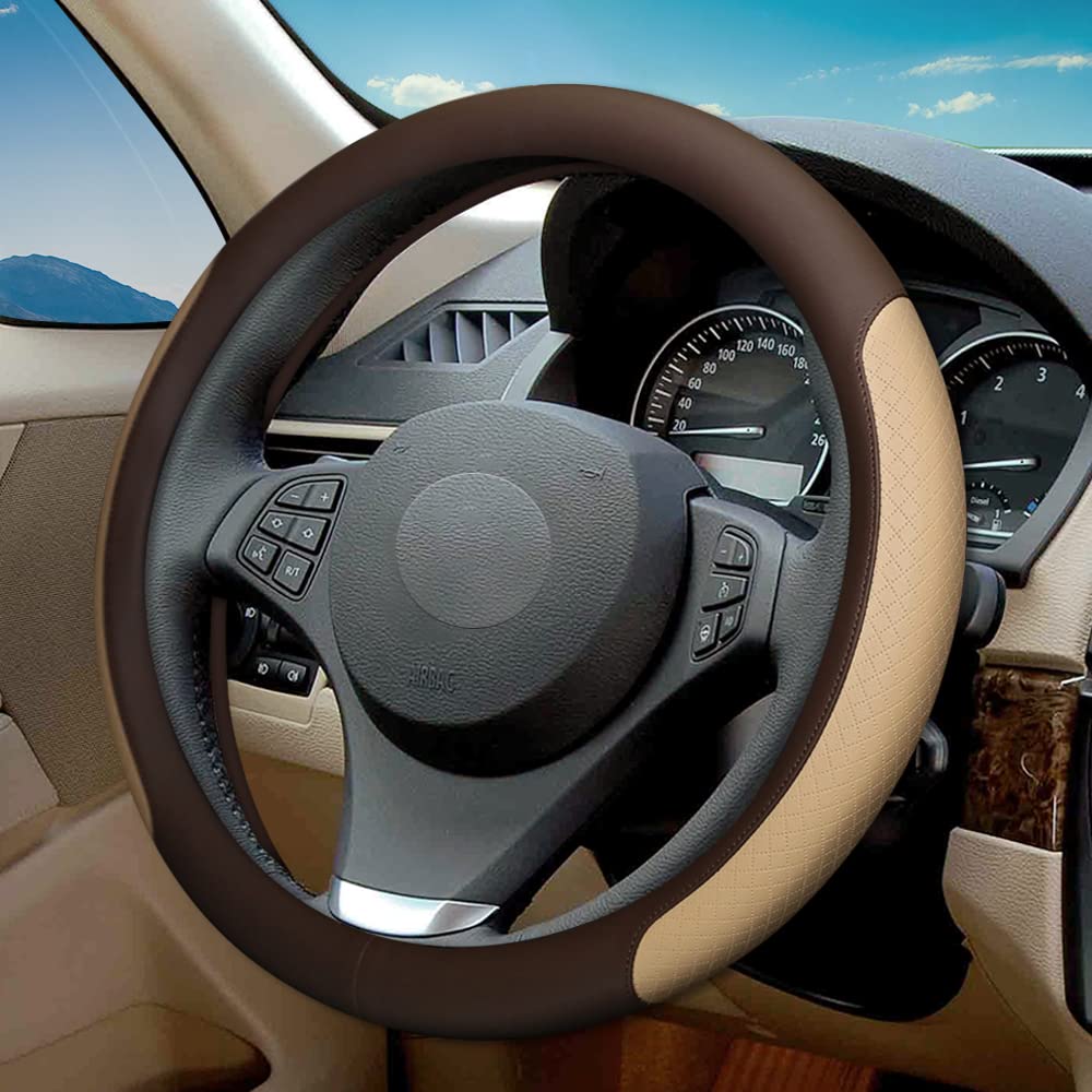 VARGTR steering wheel cover in coffee and beige with microfiber texture for comfortable grip