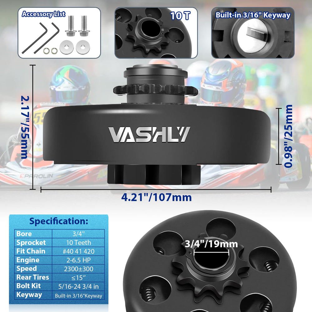 VASHLY Go Kart Clutch 10T side view highlights lightweight construction for portable setups