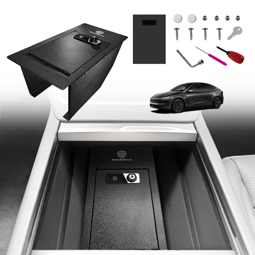 VaultsOnWheels juniper center console safe securely stores valuables in your Tesla Model Y Juniper.