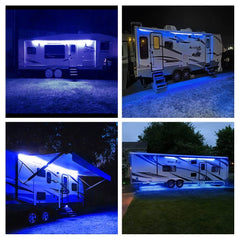 Vbakor RV awning lights in a real campsite setup providing evening illumination