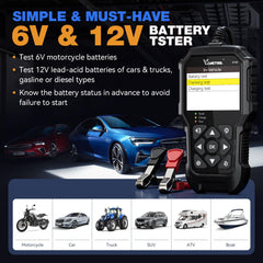 VDIAGTOOL BT300 battery compatibility label confirms wide 6V/12V support.