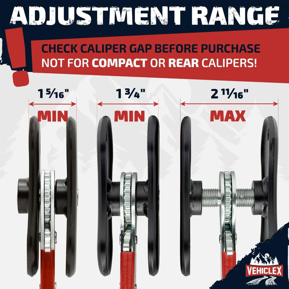 Vehiclex brake caliper compression tool full-range handle supports work from any angle.