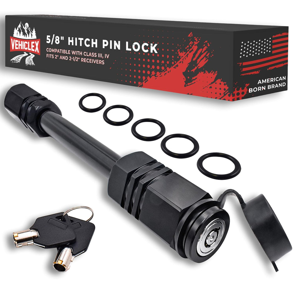 Vehiclex trailer hitch pin lock front view highlighting secure 2-inch receiver compatibility.