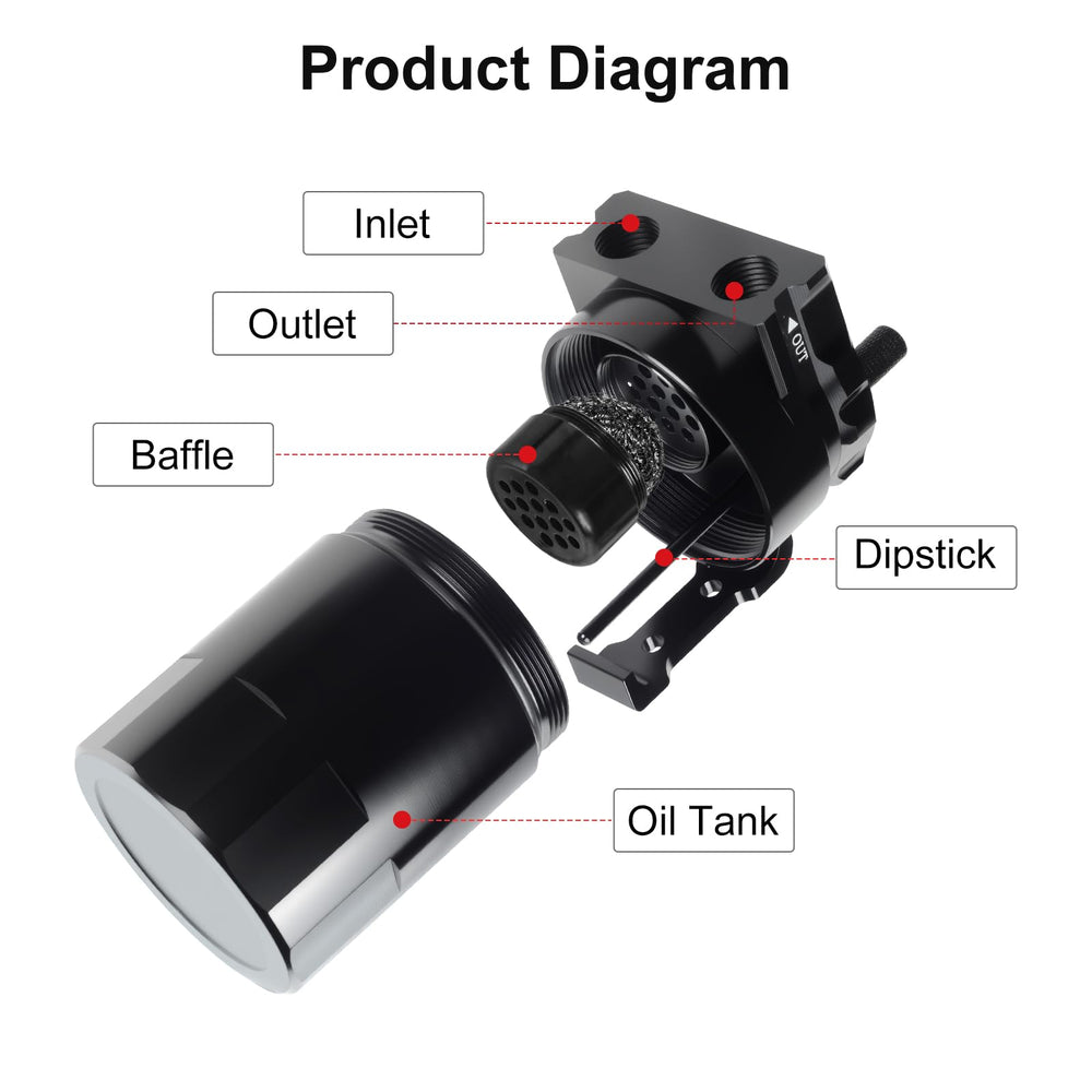 VehiMata oil catch can side view reduces oil vapor reaching the intake