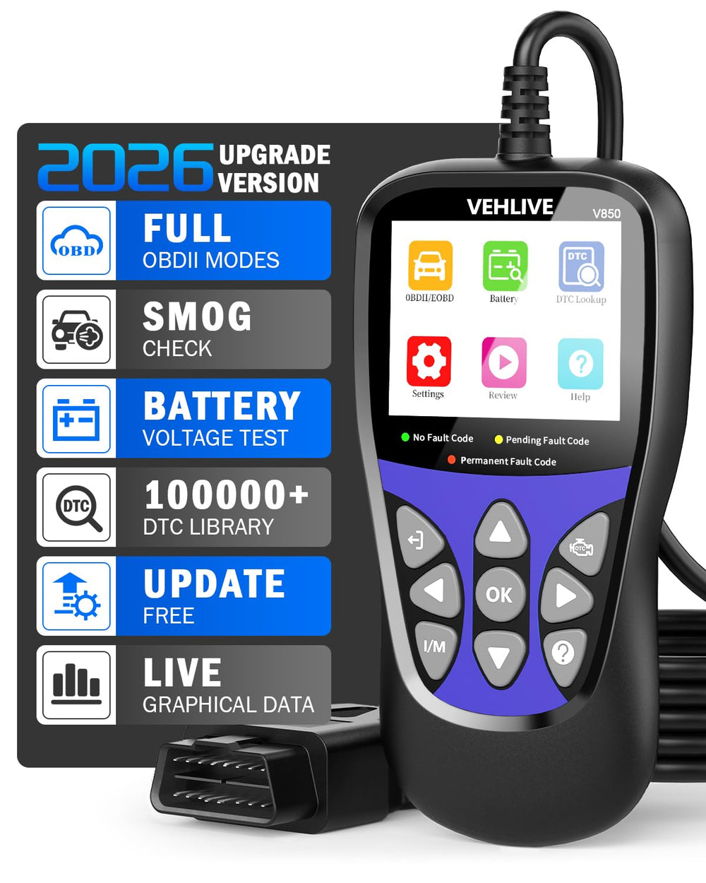 VEHLIVE V850 battery test checks 12V health for quick checks.