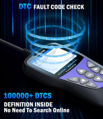 VEHLIVE V850 DTC lookups cover 100,000+ codes for faster troubleshooting.