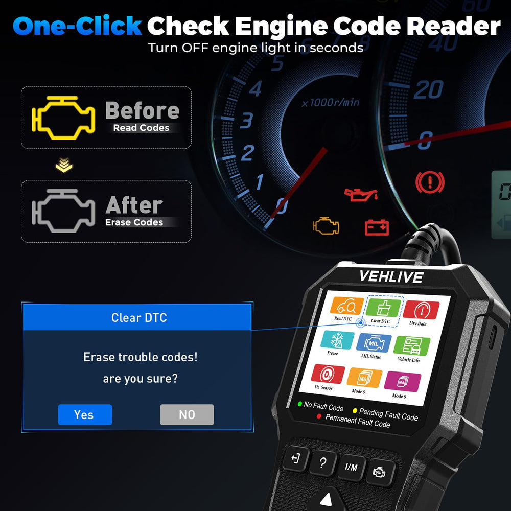 VEHLIVE V880 battery test panel shows voltage status for safe starts.