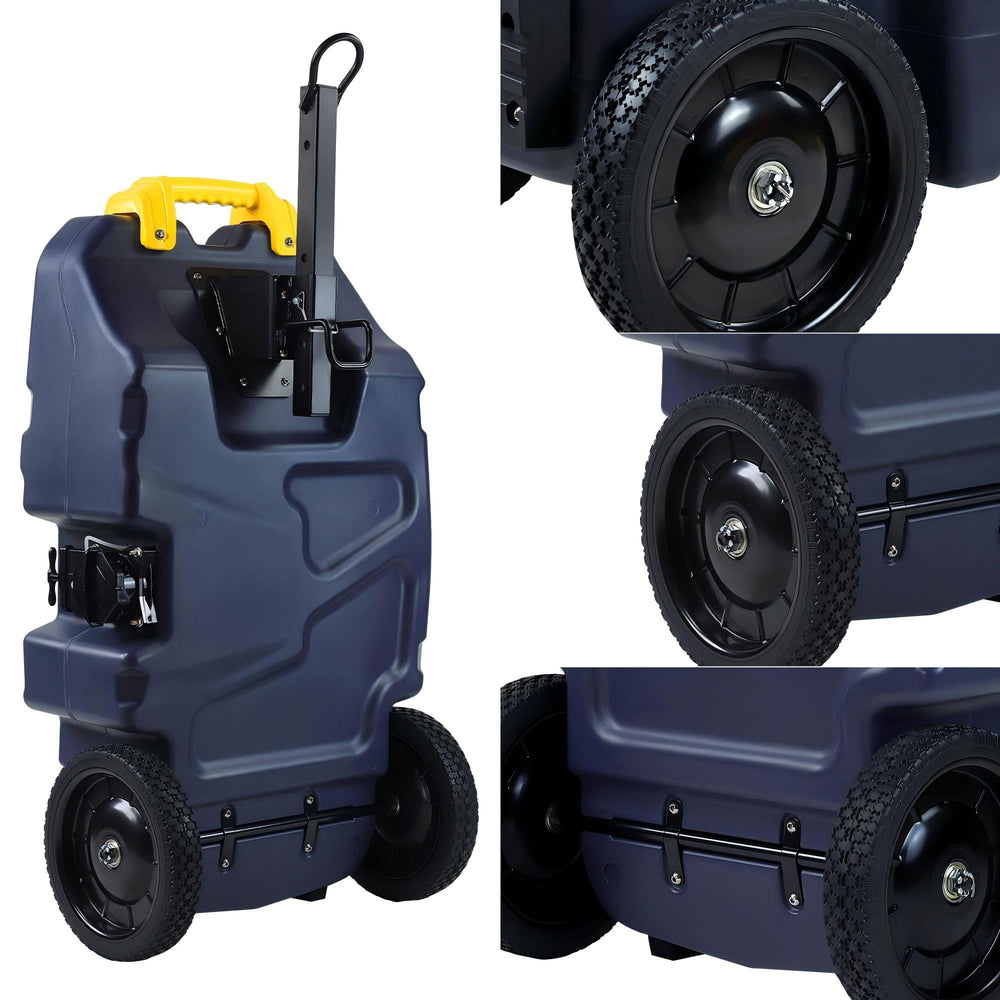 Venustank RV tote 30-gallon with large wheels for smooth transport.