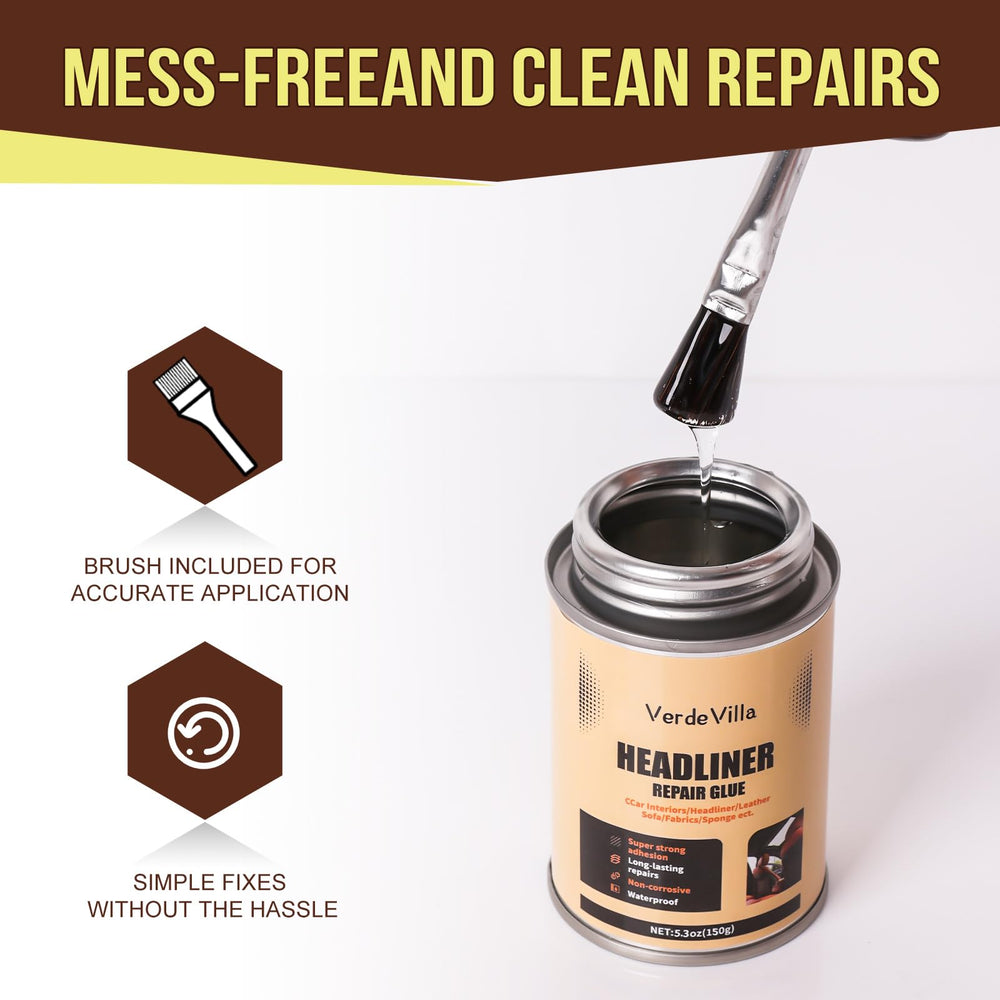 VerdeVilla Headliner Glue soft flexible bond adapts to fabric and leather surfaces.