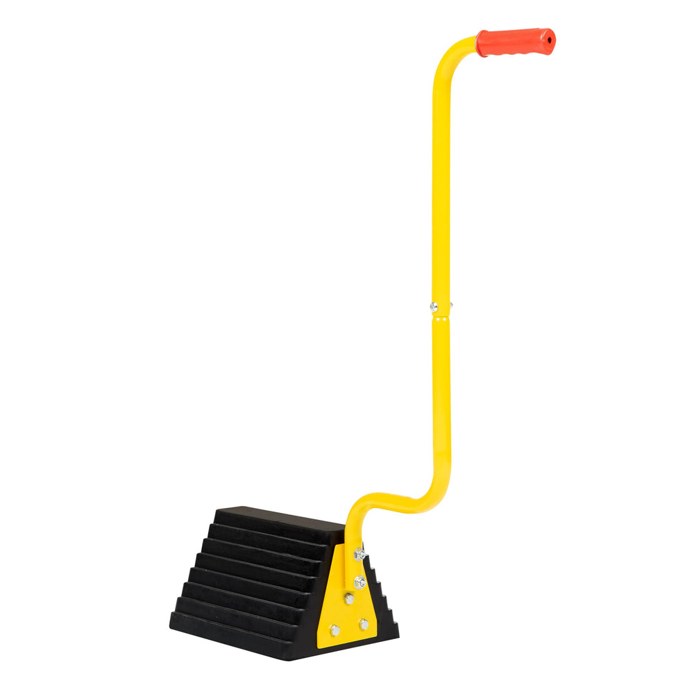 Vergo Industrial XL wheel chock with handle in use for secure immobilization on ramps