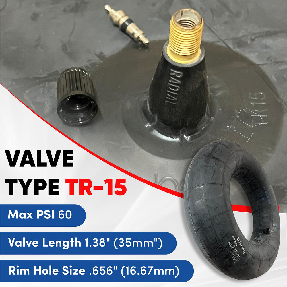 TR15 valve and offset base support secure inflation on rugged tires.