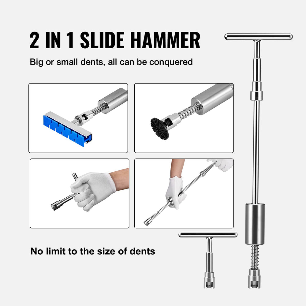 VEVOR bridge puller shown with adjustable width for various dent sizes.