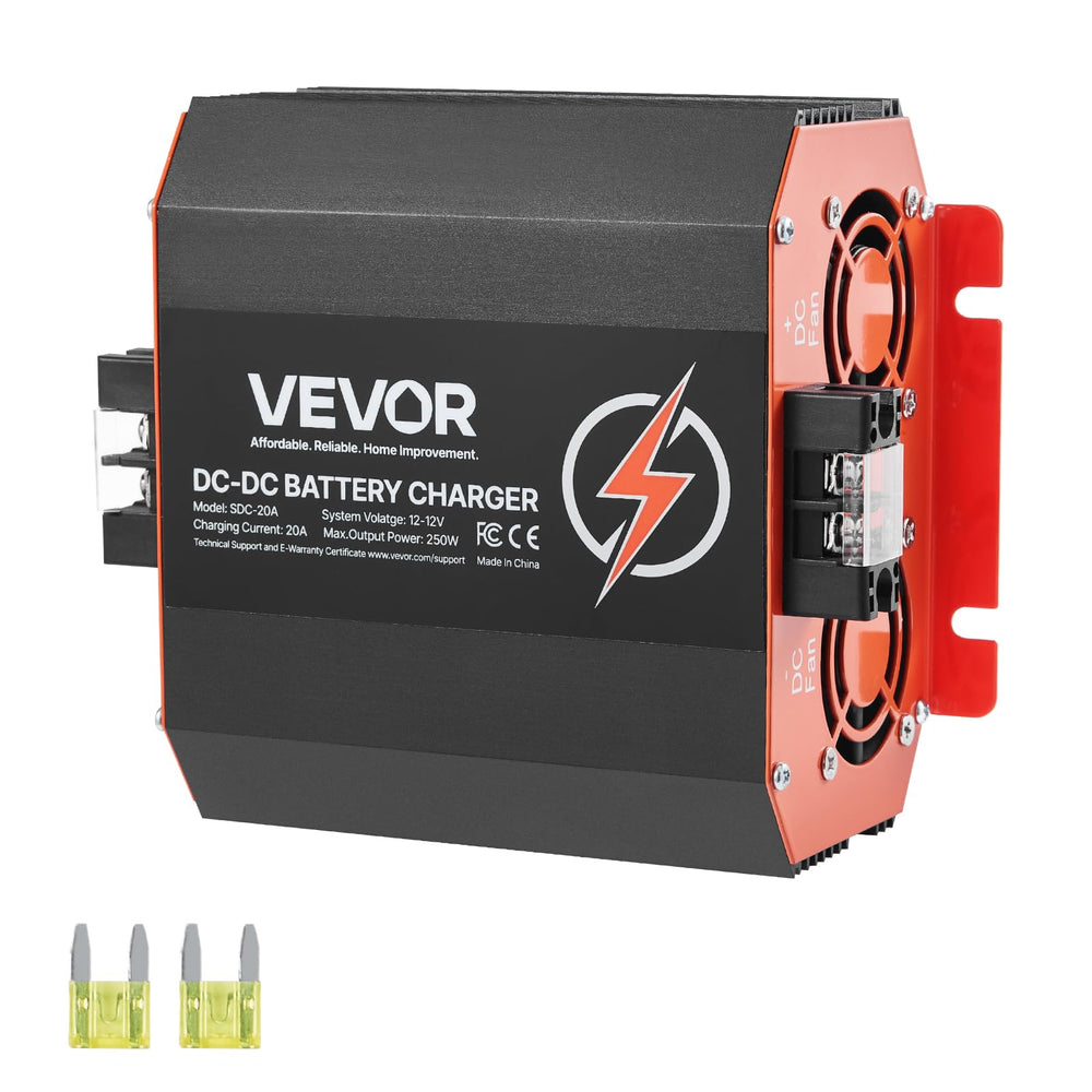 VEVOR 12V 20A DC-DC charger front view for compact RV installation