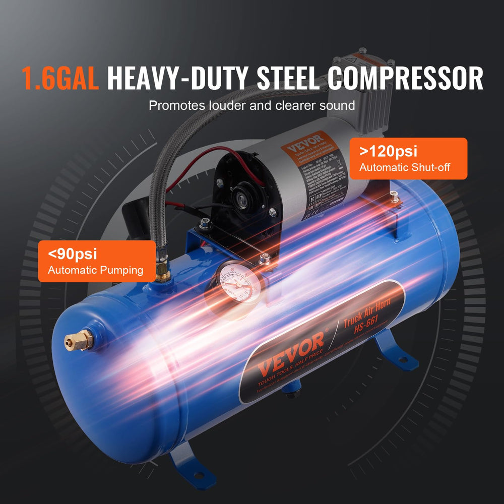 VEVOR 1.6-gallon tank and 12V compressor for steady air supply.