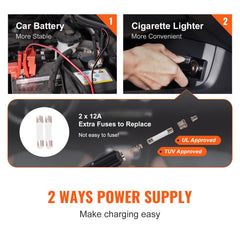 VEVOR 12v cigarette-lighter power option supports flexible roadside operation.
