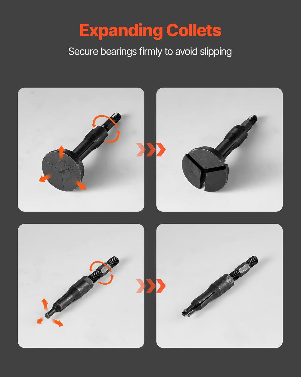 Ten interchangeable collets provide a snug fit across bearing sizes