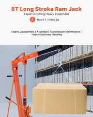 VEVOR 8-ton hydraulic long-ram jack side view showcasing compact base stability