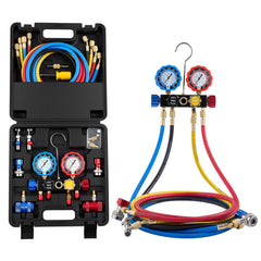 VEVOR AC manifold gauge set 4-way with color-coded gauges for quick pressure readings.