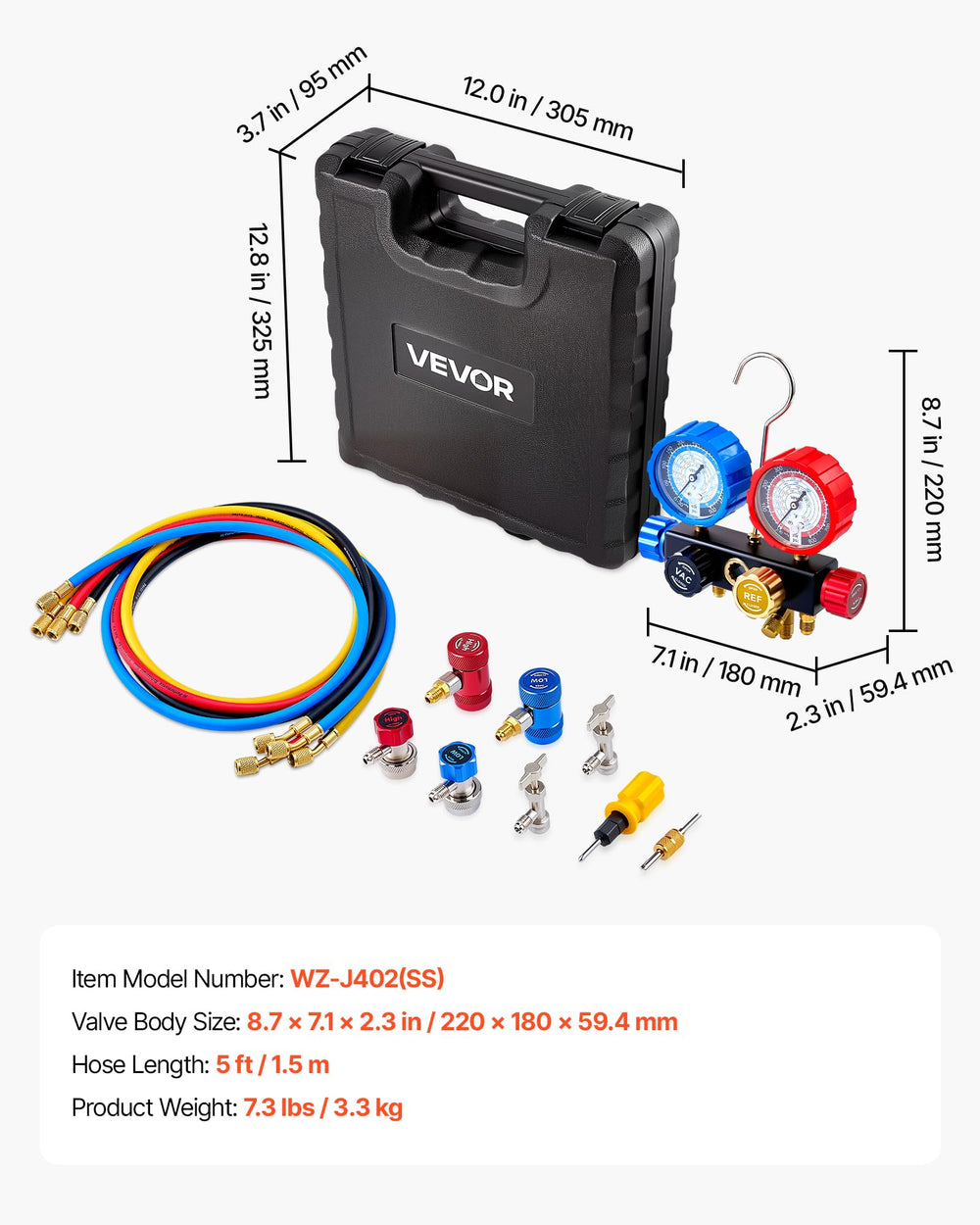 VEVOR AC manifold gauge set dual-scale dials for easy readings.