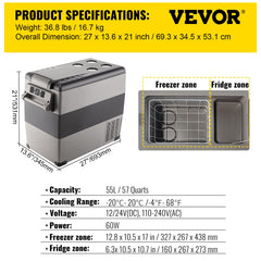 VEVOR CF55 AC/DC adapters enable home or vehicle use.