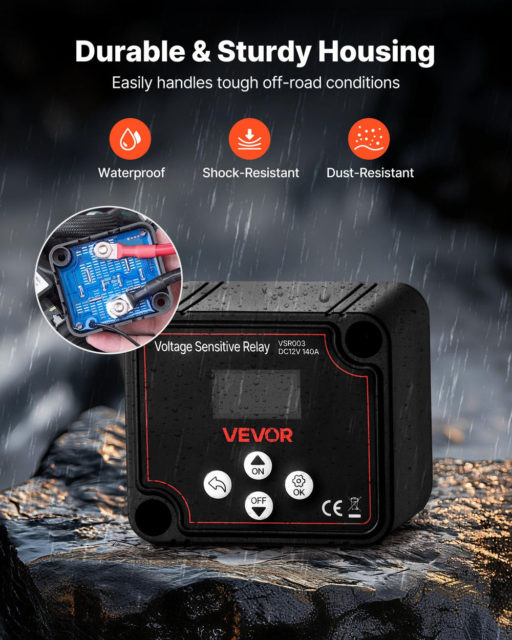 VEVOR dual battery isolator protection against overvoltage and undervoltage protects systems.