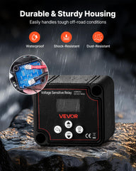 VEVOR dual battery isolator protection against overvoltage and undervoltage protects systems.