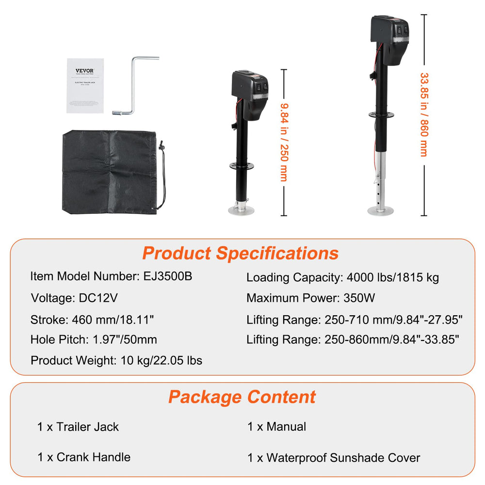 VEVOR electric trailer jack installed on an RV trailer for stability.