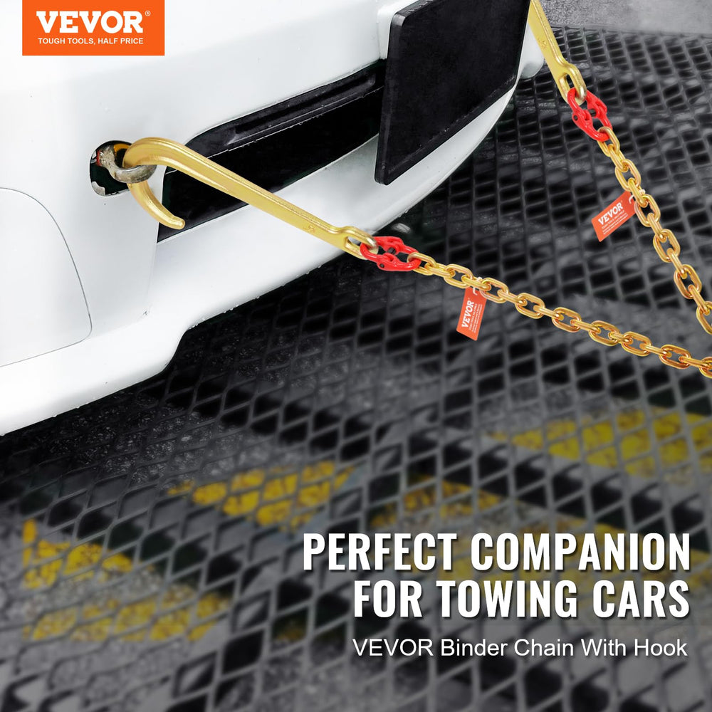 VEVOR G80 V-bridle chain hook detail showing 15-inch J hooks for secure loads