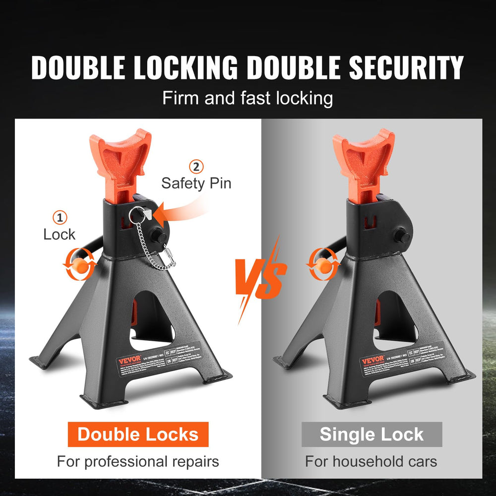 VEVOR 3-Ton jack stands double locking adds safety during lifts.