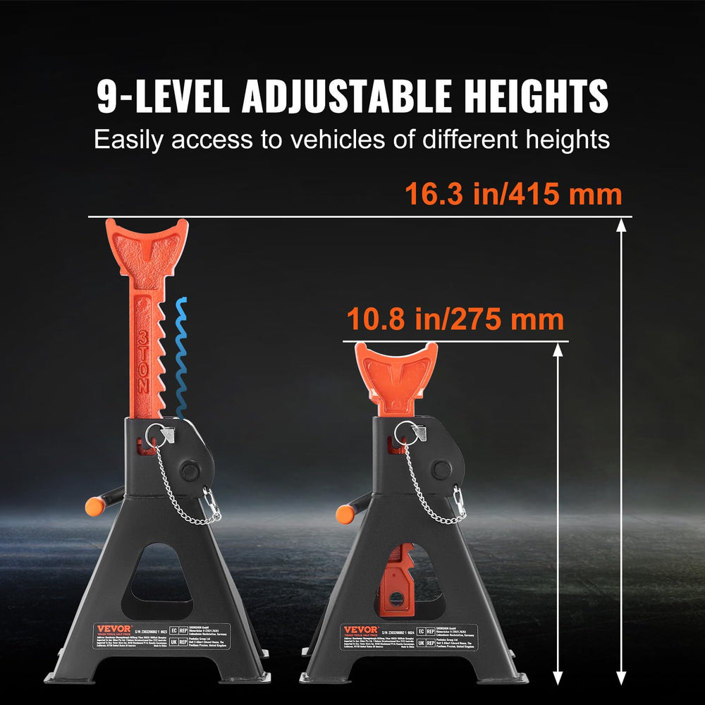 VEVOR 3-Ton jack stands safety pins lock securely during maintenance.