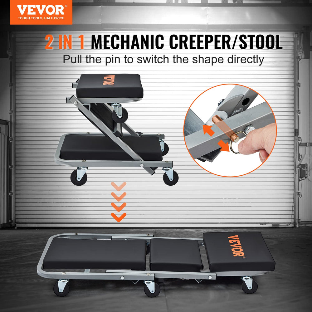 VEVOR Mechanic Creeper convertible-stool demonstrates quick switch between sliding and seated tasks