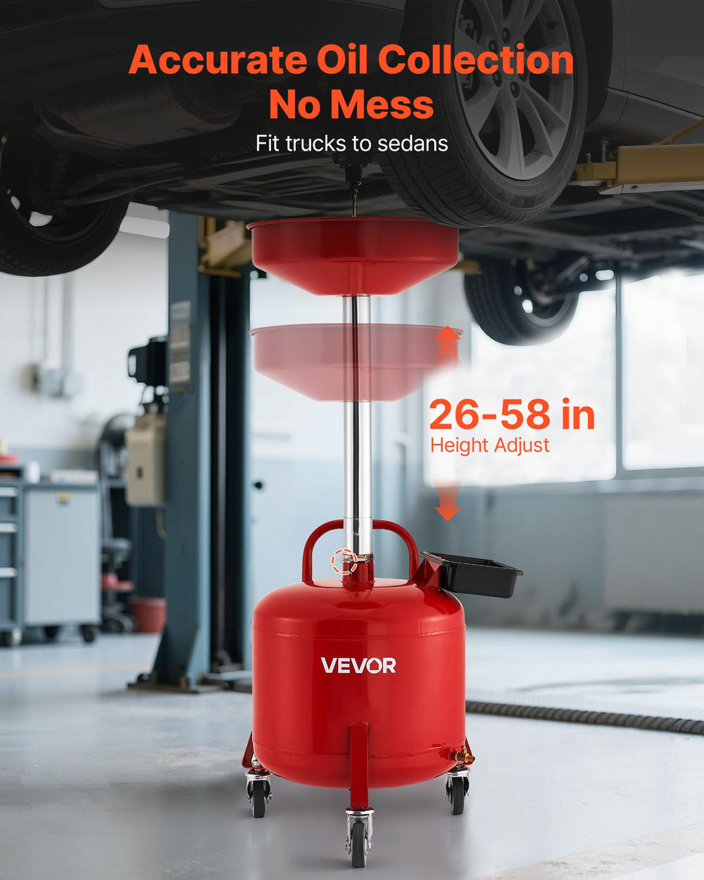 VEVOR oil drain tank adjustable funnel height for versatile vehicle compatibility.
