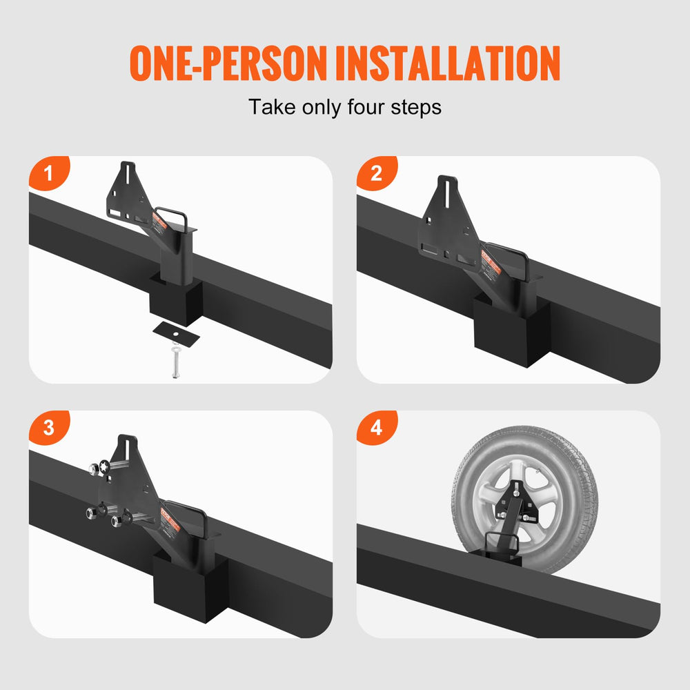 VEVOR spare tire carrier installed on trailer tongue, quick drill-free mounting.