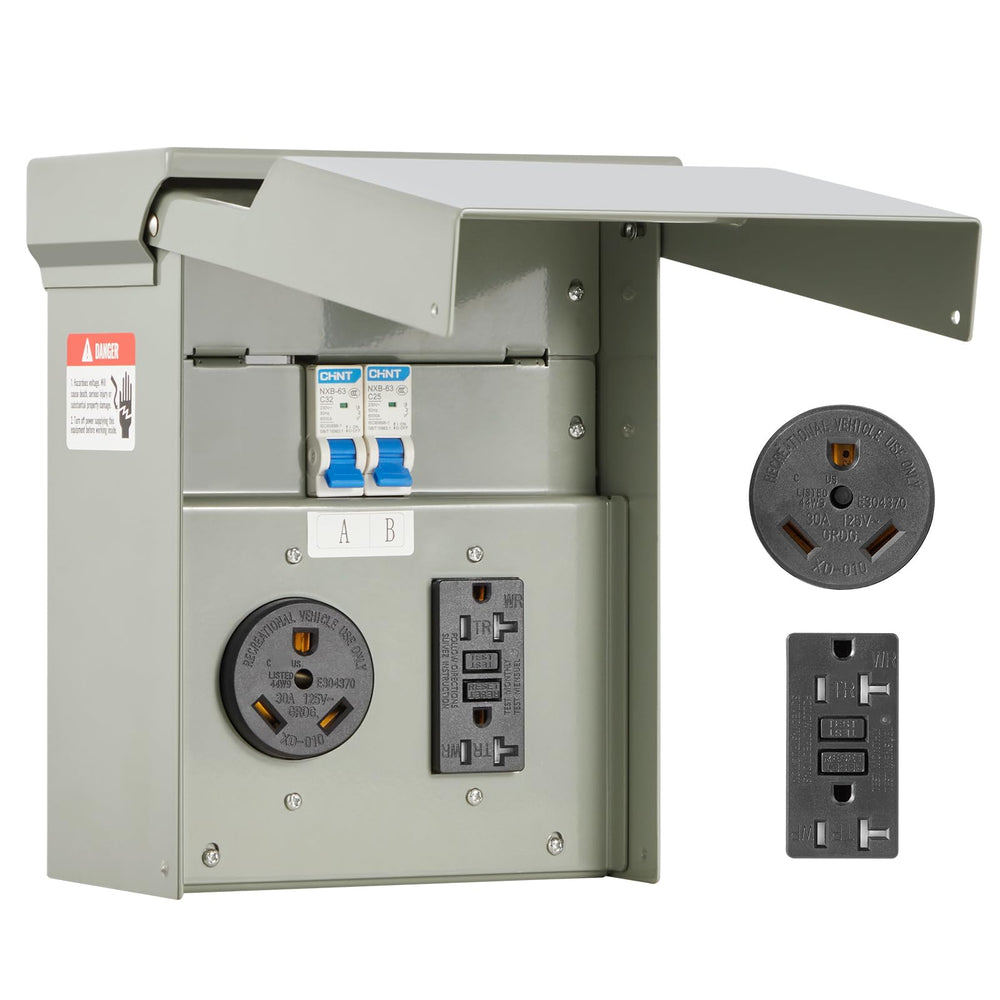 VEVOR Temporary Power Panel front view showing rugged RV-ready outlets for outdoor use.