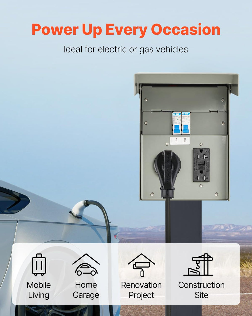 VEVOR Temporary Power Panel side view highlighting compact footprint for camping spaces.