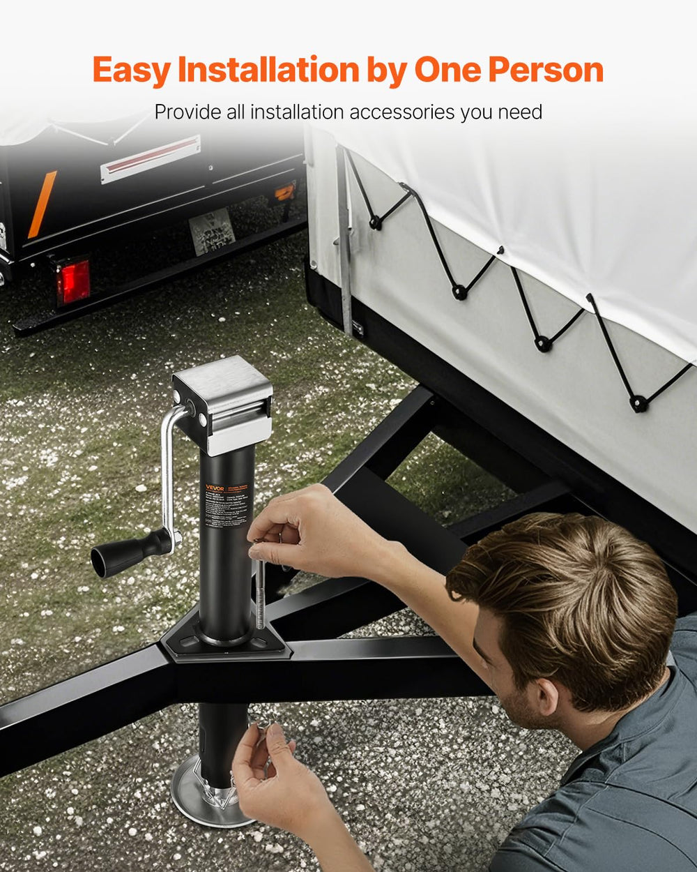 VEVOR trailer jack swivels compactly for easy tongue storage.