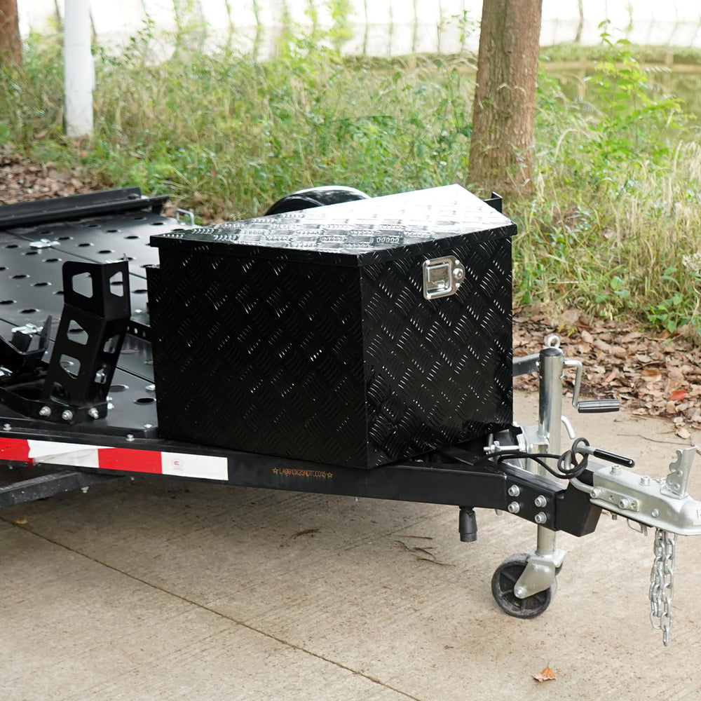 VEVOR trailer tongue box mounted on truck bed keeps tools organized.