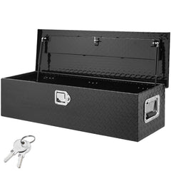 VEVOR toolbox on truck bed with diamond plate finish for secure tool storage.